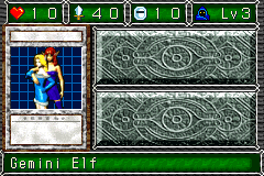 Gemini Elf (ヂェミナイ・エルフ) — level 3 Spellcaster — 1 heart, attack 40, defence 10 — faces Sum Sum Atk Def3 Mov Tra4