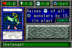 Skelengel (スケルエンジェル) — level 1 Warrior — 1 heart, attack 10, defence 10 — faces Sum Sum Sum Sum Mov Mag — Raises DEF of all Warrior monsters by 10. (In play)