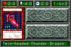 Twin-headed Thunder Dragon (双頭の雷龍（サンダー・ドラゴン）) — level 3 Dragon — 2 hearts, attack 40, defence 20 — faces Sum Sum Mov Atk2 Tra2 Mag2