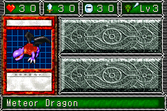 Meteor Dragon (メテオ・ドラゴン) — level 3 Dragon, flying — 3 hearts, attack 30, defence 30 — faces Sum Sum Def Mov3 Mov4 Mag