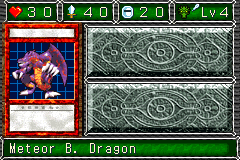 Meteor B. Dragon (メテオ・ブラック・ドラゴン) — level 4 Dragon, flying — 3 hearts, attack 40, defence 20 — faces Sum Atk Mov Def Tra Mag
