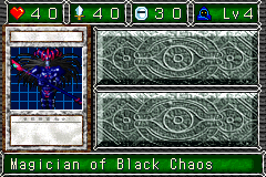 Magician of Black Chaos (マジシャン・オブ・ブラックカオス) — level 4 Spellcaster — 4 hearts, attack 40, defence 30 — faces Sum Def Mag Atk2 Mov Tra