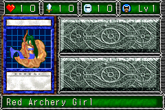 Red Archery Girl (弓を引くマーメード) — level 1 Warrior — 1 heart, attack 10, defence 10 — faces Sum Sum Sum Sum Def2 Mov