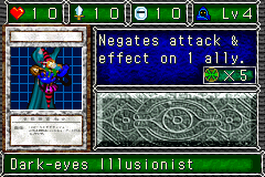 Dark-eyes Illusionist (ダーク・アイズ・イリュージョニスト) — level 4 Spellcaster — 1 heart, attack 10, defence 10 — faces Sum Mov Atk2 Def2 Mag Tra3 — Negates attack & effect on 1 ally. — costs 5 trap