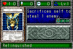 Relinquished (サクリファイス) — level 1 Spellcaster — 1 heart, attack 0, defence 0 — faces Sum Sum Sum Sum Tra3 Def — Sacrifices self to steal 1 enemy. — costs 10 magic
