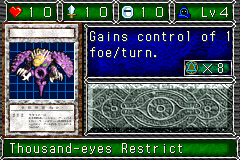 Thousand-eyes Restrict (サウザンド・アイズ・サクリファイス) — level 4 Spellcaster — 1 heart, attack 10, defence 10 — faces Sum Mov2 Atk Mag5 Tra Def2 — Gains control of 1 foe/turn. — costs 8 magic