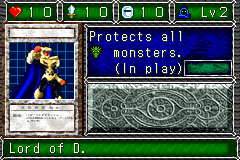 Lord of D. (ロード・オブ・ドラゴン：ドラゴンの支配者) — level 2 Spellcaster — 1 heart, attack 10, defence 10 — faces Sum Sum Sum Atk Mov Mag2 — Protects all Dragon monsters. (In play)