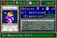 D. Magician Girl (ブラック・マジシャン・ガール) — level 3 Spellcaster — 2 hearts, attack 20, defence 10 — faces Sum Sum Mov Tra Atk Def — Obtains ATK & DEF of all destroyed Spellcaster. (Dimension)