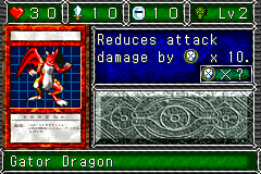 Gator Dragon (リザードラゴン) — level 2 Dragon — 3 hearts, attack 10, defence 10 — faces Sum Sum Sum Tra Def Mov — Reduces attack damage by defence x 10. — costs 1 defence