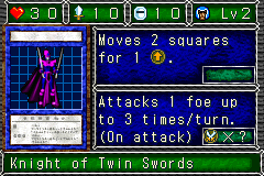 Knight of Twin Swords (デューカー・ツイン・ソード) — level 2 Warrior — 3 hearts, attack 10, defence 10 — faces Sum Sum Sum Def Mov Atk — Moves 2 squares for 1 move. · Attacks 1 foe up to 3 times/turn. (On attack) — costs 1 attack