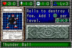 Thunder Ball (鉄球魔人ゴロゴーン) — level 3 Spellcaster — 3 hearts, attack 10, defence 10 — faces Sum Sum Atk2 Def2 Mov3 Mov — Rolls to destroy 1 foe. Add 1 magic per level. — costs 3 magic