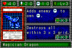 Magician Dragon (ウイザードラゴン) — level 3 Dragon — 4 hearts, attack 20, defence 10 — faces Sum Sum Def Atk Def3 Mov4 — Adds enemy DEF to own DEF. · Destroys all within 3 x 3 grid. — costs 3 magic