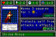 Strike Ninja (速攻のブラック・ニンジャ) — level 3 Warrior — 2 hearts, attack 20, defence 10 — faces Sum Sum Mov Atk Mov3 Def — Moves 3 squares for 1 move. · Protects self from attacks & effects. — costs 2 trap
