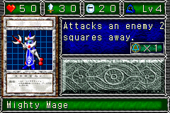 Mighty Mage (リトル・ウィザード) — level 4 Spellcaster — 5 hearts, attack 30, defence 20 — faces Sum Tra Atk Mov2 Mov4 Mag — Attacks an enemy 2 squares away. — costs 1 magic