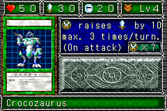 Crocozaurus (クロコザウルス) — level 4 Beast — 5 hearts, attack 30, defence 20 — faces Sum Mov Def Atk2 Tra3 Mag — attack raises ATK by 10 max. 3 times/turn. (On attack) — costs 1 attack