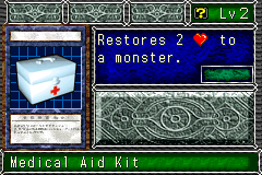 Medical Aid Kit (救急箱) — level 2 Item — 0 hearts, attack 0, defence 0 — faces Sum Sum Sum Mov5 Tra Atk — Restores 2 HP to a monster.