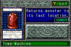 Time Machine (タイムマシーン) — level 1 Item — 0 hearts, attack 0, defence 0 — faces Sum Sum Sum Sum Def Tra — Returns monster to its last location.