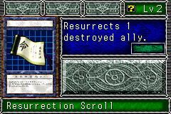 Resurrection Scroll (蘇生の経文) — level 2 Item — 0 hearts, attack 0, defence 0 — faces Sum Sum Sum Tra Mov2 Mag2 — Resurrects 1 destroyed ally.