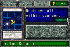 Crater Creator (核爆弾) — level 4 Item — 0 hearts, attack 0, defence 0 — faces Sum Atk Def Mov4 Atk2 Mag4 — Destroys all within dungeon.