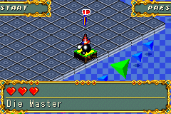 The board as the game draws it in this cup: grey tiles over a blue checkerboard with green pyramids, your Die Master on its square.