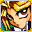 Spiky blond hair, sharp red eyes.
