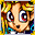 Big violet eyes under spiky hair with blond bangs, smiling.