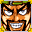A backwards baseball cap and a black beard, teeth bared.