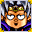 Grey hair under a circlet, big eyes with tiny pupils.