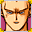 Bald and heavy-browed, frowning.