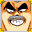 Giant eyebrows, a grey moustache and a wide grin.
