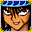 A blue headband, a scar on one cheek, a grin.
