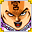 Bald, the kanji 宮, palace, on the brow, mouth open.