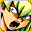Tousled green hair, mouth open.