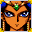 Dark hair under a gold headpiece.